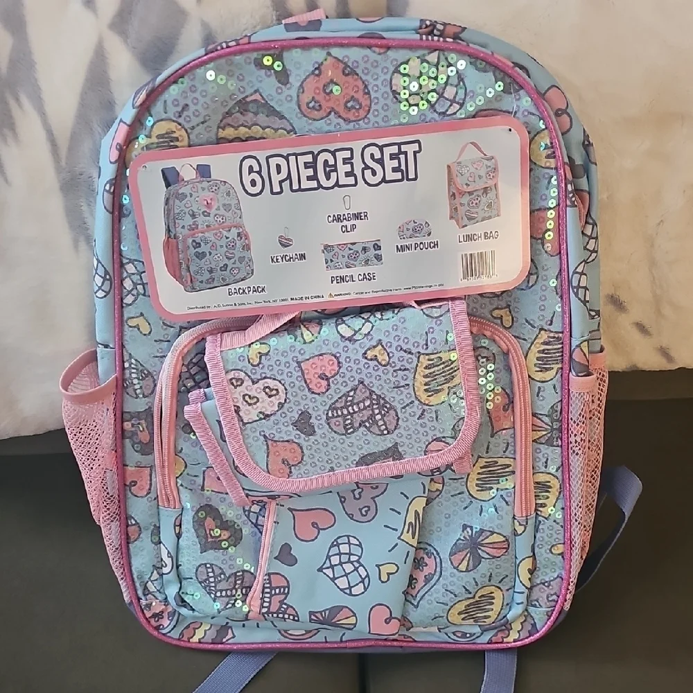 Colorful Sequined Hearts 6-Piece Backpack Set